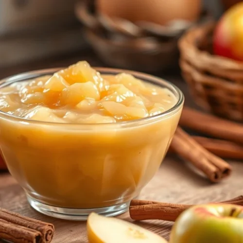 Beautiful homemade light applesauce in a glass bowl, fresh apples scattered around, cinnamon stick, natural lighting, rustic
