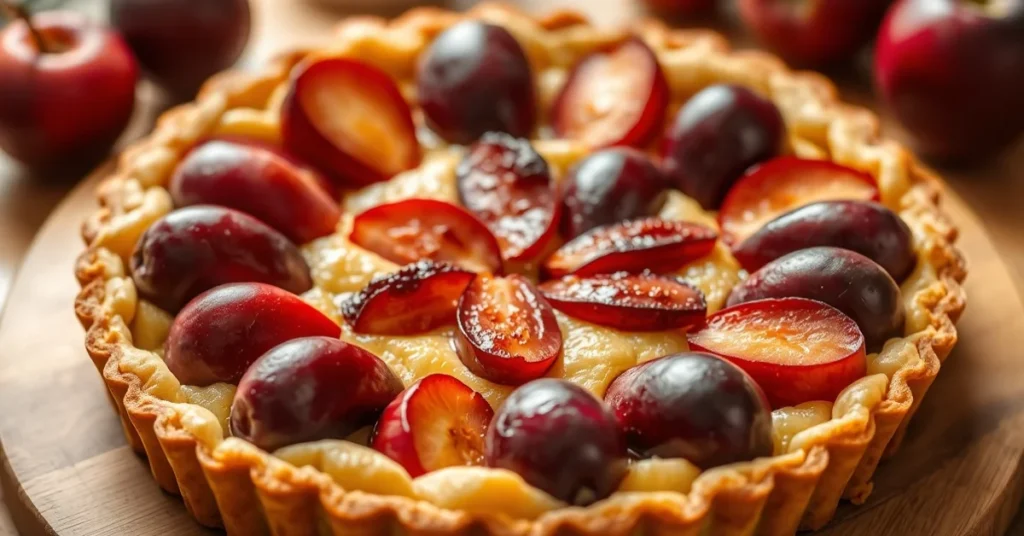 Beautiful homemade plum tart with golden crust, arranged purple and red plums in circular pattern, summer dessert photography