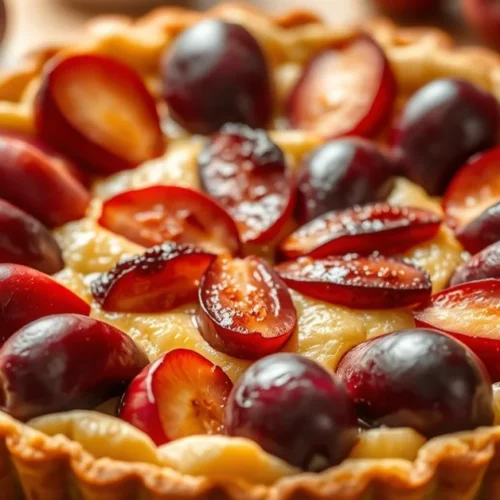 Beautiful homemade plum tart with golden crust, arranged purple and red plums in circular pattern, summer dessert photography