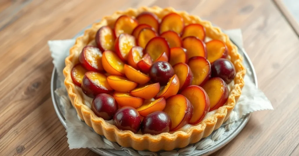 Beautiful homemade Reine Claude plum tart with golden pastry, pastry cream and fresh green plums arranged in spiral pattern,