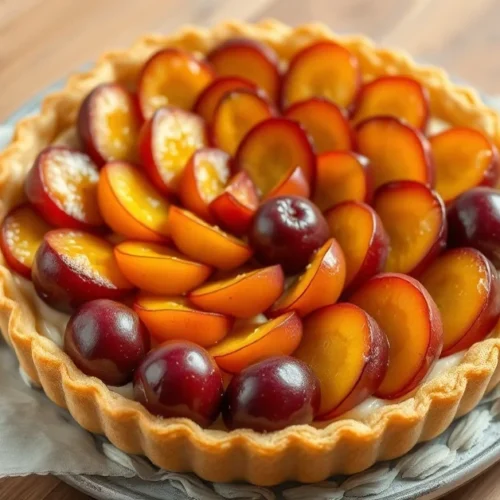 Beautiful homemade Reine Claude plum tart with golden pastry, pastry cream and fresh green plums arranged in spiral pattern,