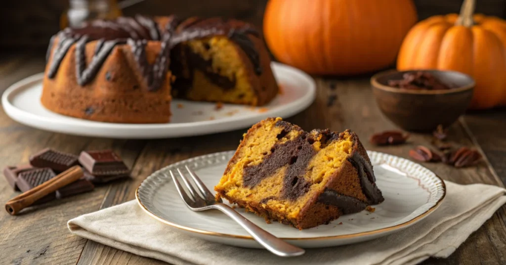 Beautiful moist pumpkin chocolate cake slice on white plate with fork, warm autumn lighting, homemade dessert, golden brown c