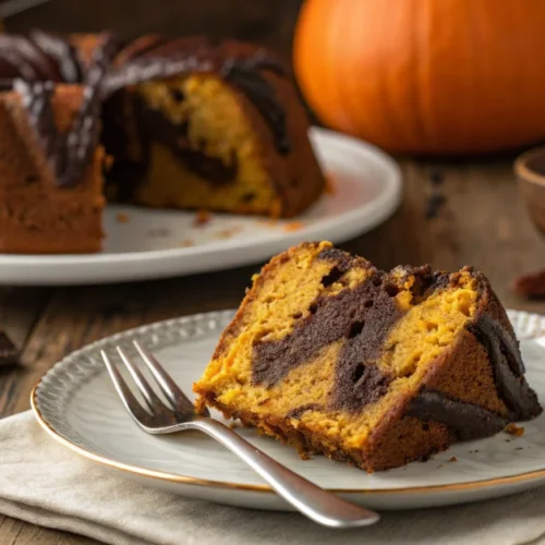 Beautiful moist pumpkin chocolate cake slice on white plate with fork, warm autumn lighting, homemade dessert, golden brown c