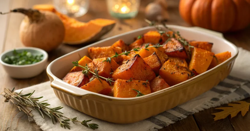 Beautiful roasted pumpkin pieces in a ceramic dish, golden caramelized edges, fresh herbs garnish, warm autumn lighting, wood