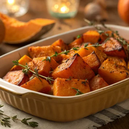 Beautiful roasted pumpkin pieces in a ceramic dish, golden caramelized edges, fresh herbs garnish, warm autumn lighting, wood
