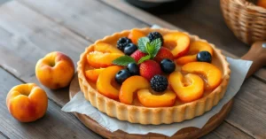 Beautiful summer fruit tart with fresh apricots and nectarines on rustic wooden table, golden pastry crust, professional food