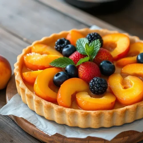 Beautiful summer fruit tart with fresh apricots and nectarines on rustic wooden table, golden pastry crust, professional food