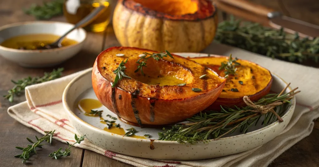 Beautiful whole roasted potimarron squash with golden-brown skin, fresh thyme and rosemary sprigs, olive oil drizzle, rustic