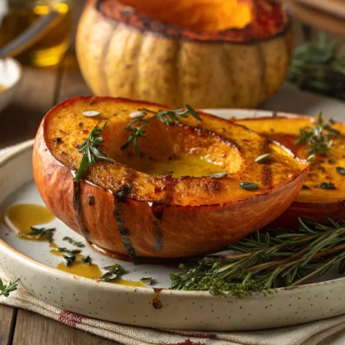Beautiful whole roasted potimarron squash with golden-brown skin, fresh thyme and rosemary sprigs, olive oil drizzle, rustic