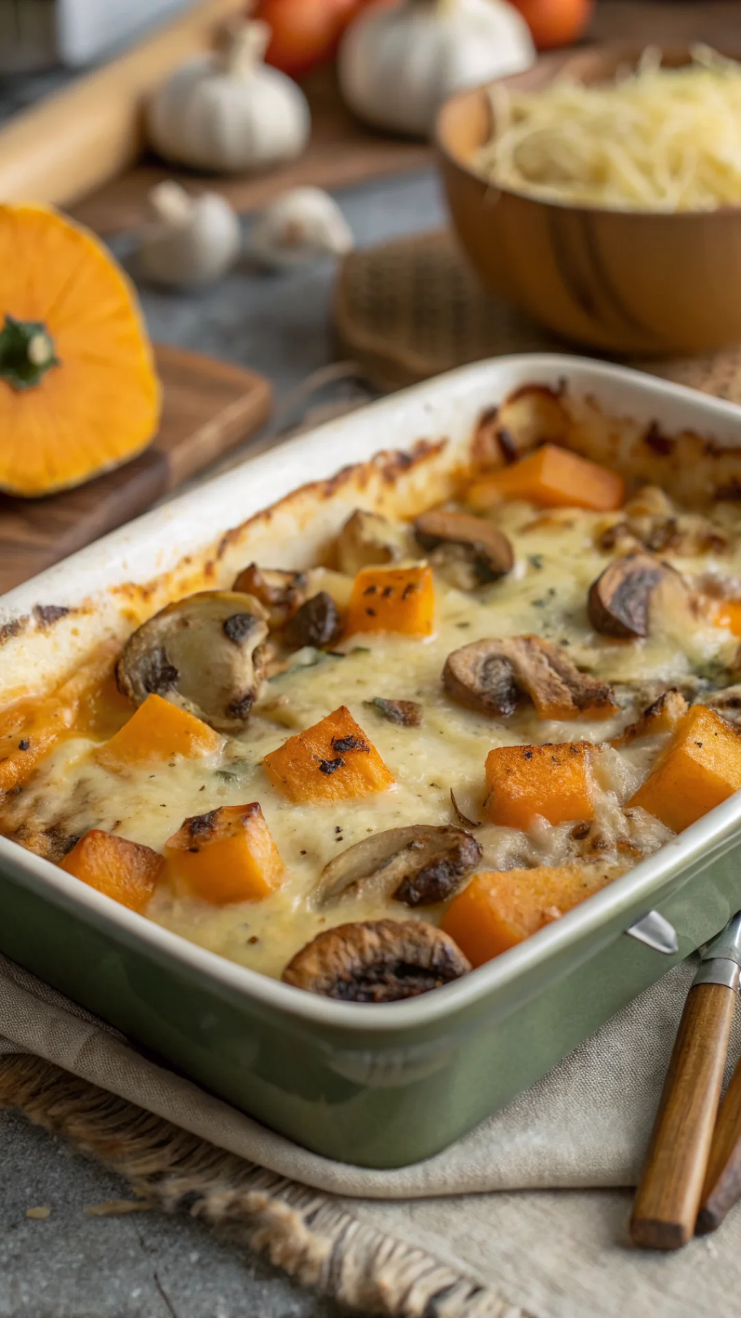Butternut squash with mushrooms creamy gratin close-up golden brown cheese melted cozy autumn comfort food vegetarian