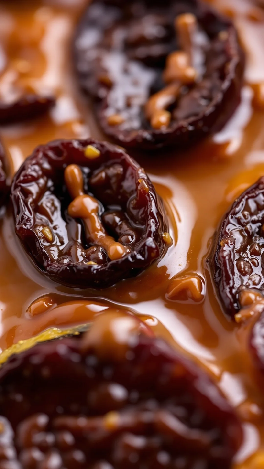 Close-up caramelized prunes shiny golden sauce Tarte Tatin cross-section moist tender fruit feuilletage