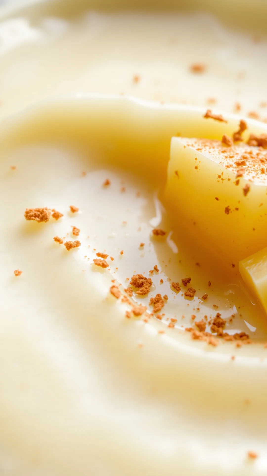 Close-up creamy apple compote texture with cinnamon powder sprinkled on top, smooth silky surface, fresh apple pieces visible