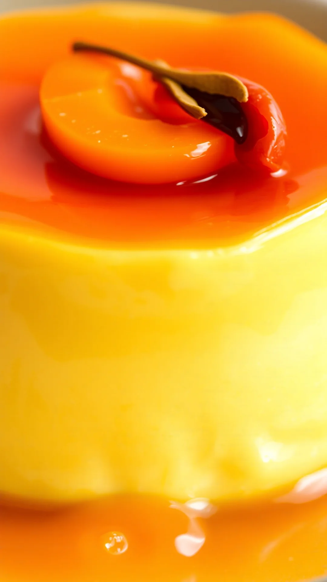 Close-up creamy apricot flan with glossy surface, fresh apricot garnish, rich golden color, studio lighting, macro food photo