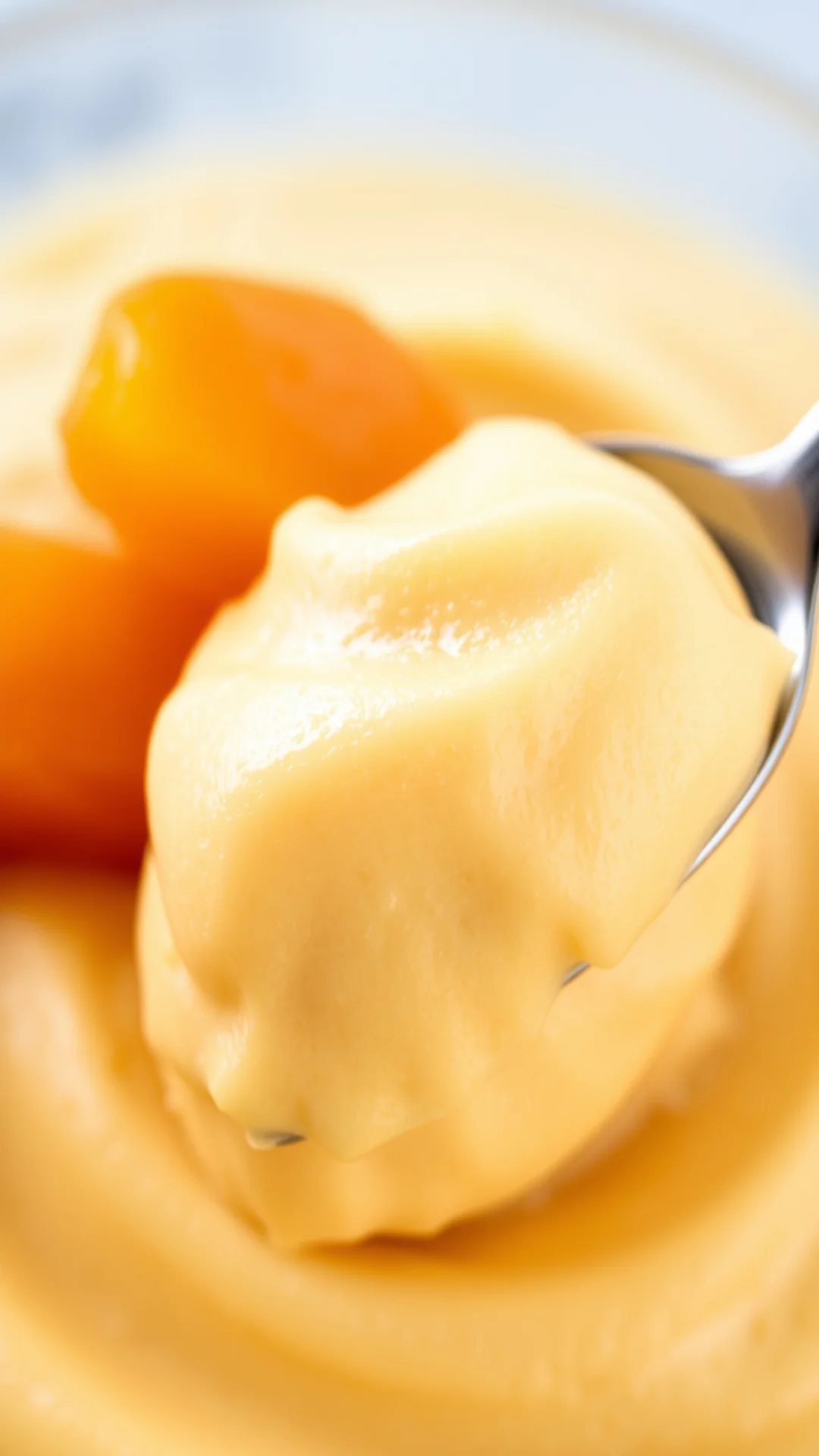 Close-up creamy apricot mousse texture detail, spoonfuls showing airy consistency, golden amber color, fresh apricot garnish,