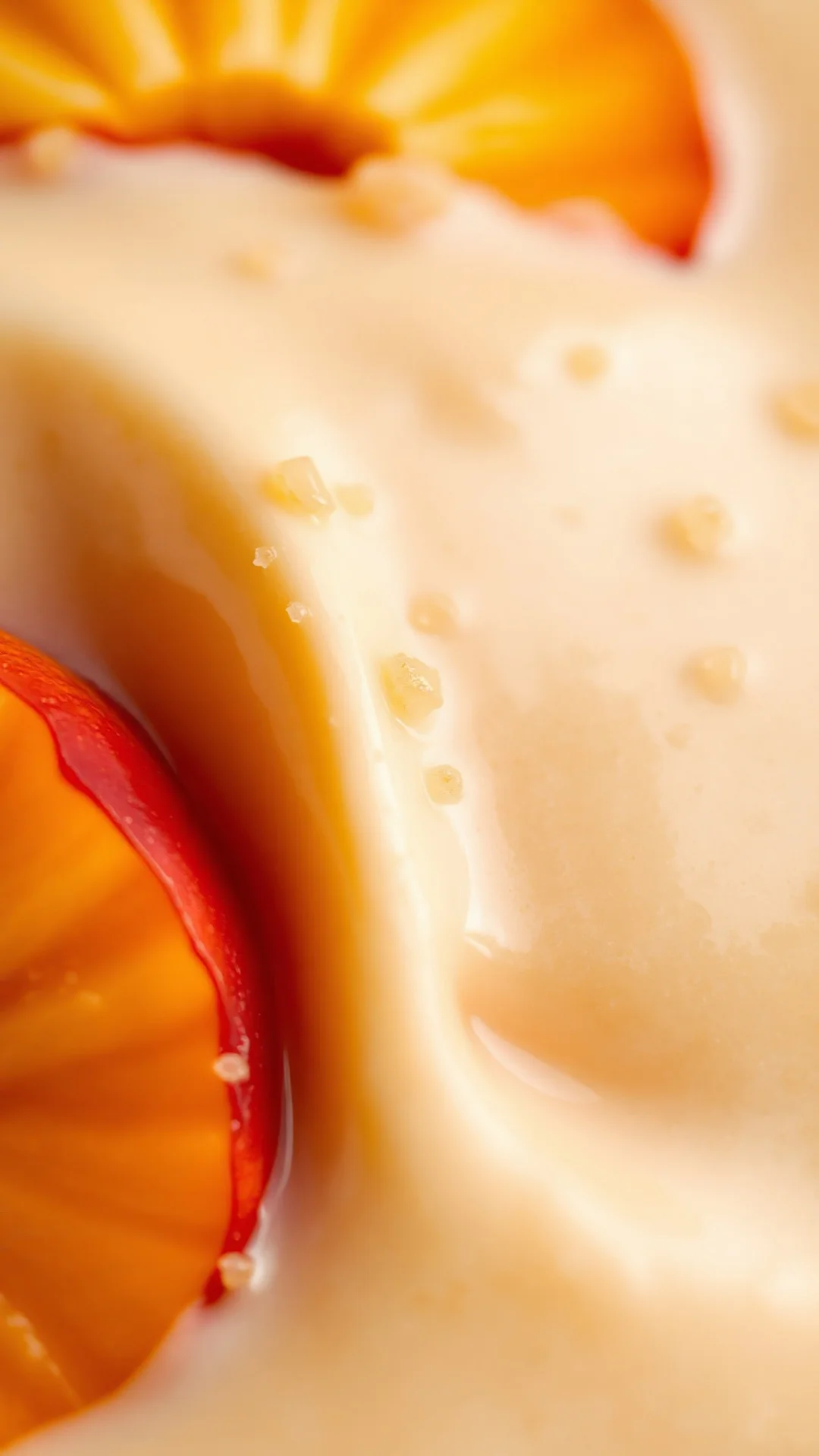 Close-up detail of creamy peachy-apricot smoothie texture with fresh peach and apricot fruits, vibrant natural colors, food s