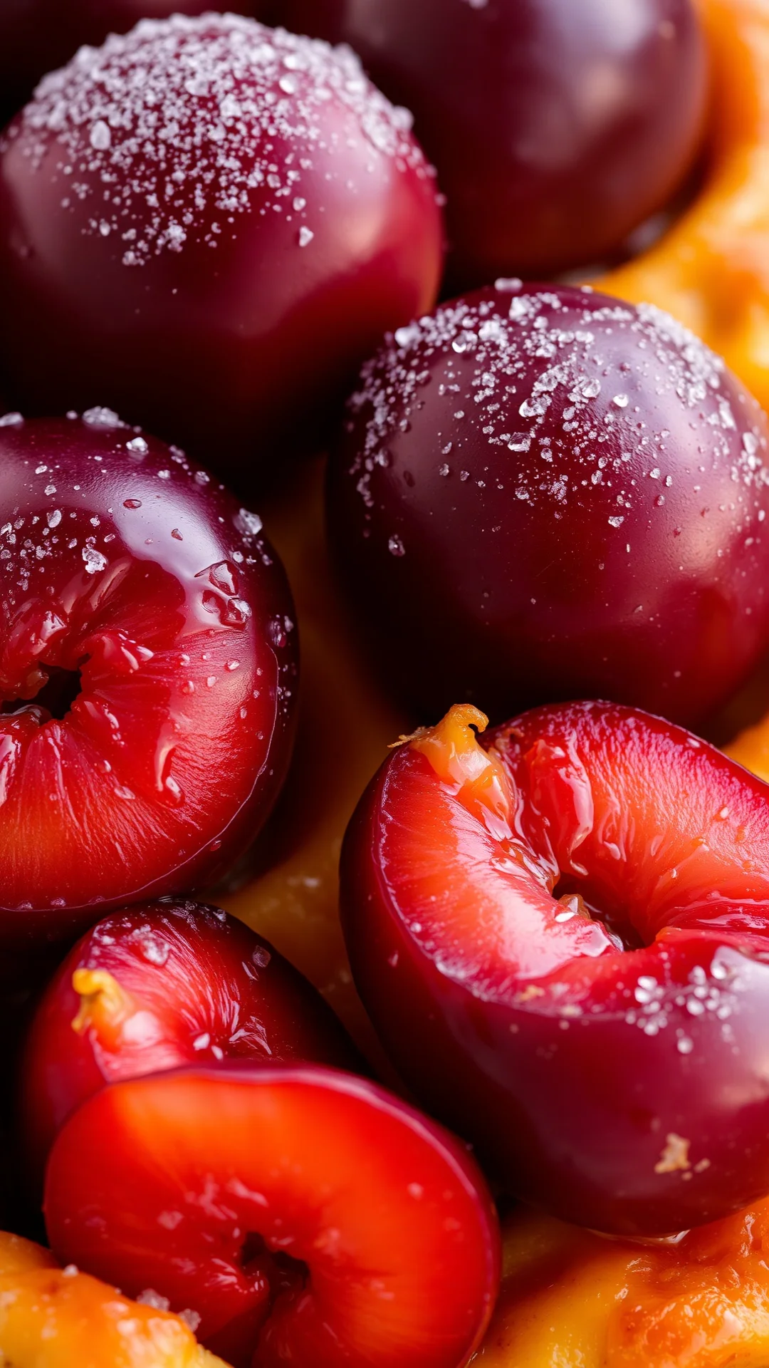 Close-up detail of fresh ripe plums arranged on golden pastry, glistening sugar coating, juicy fruit texture, professional fo