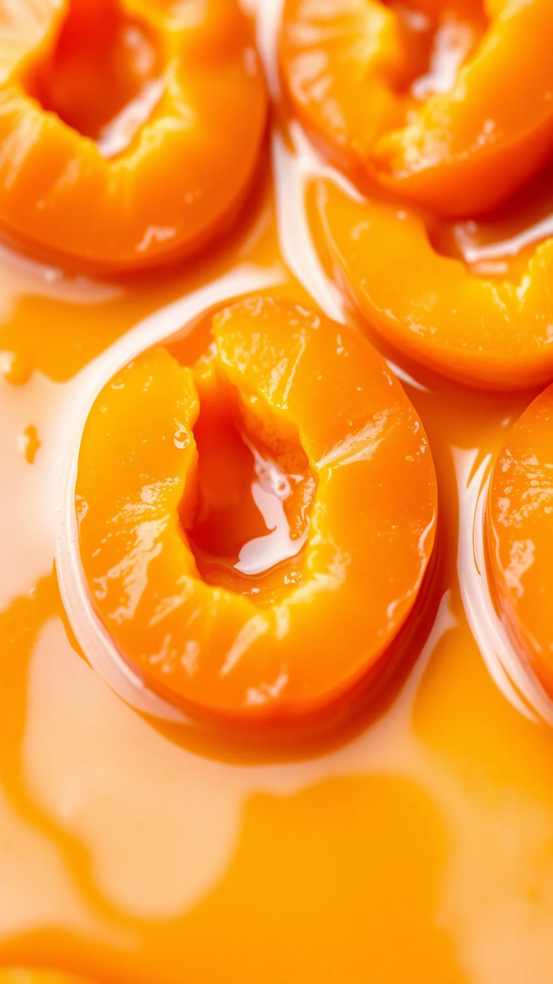 Close-up detailed shot of fresh halved apricots arranged in creamy caramel sauce, golden caramelized surface, professional ba