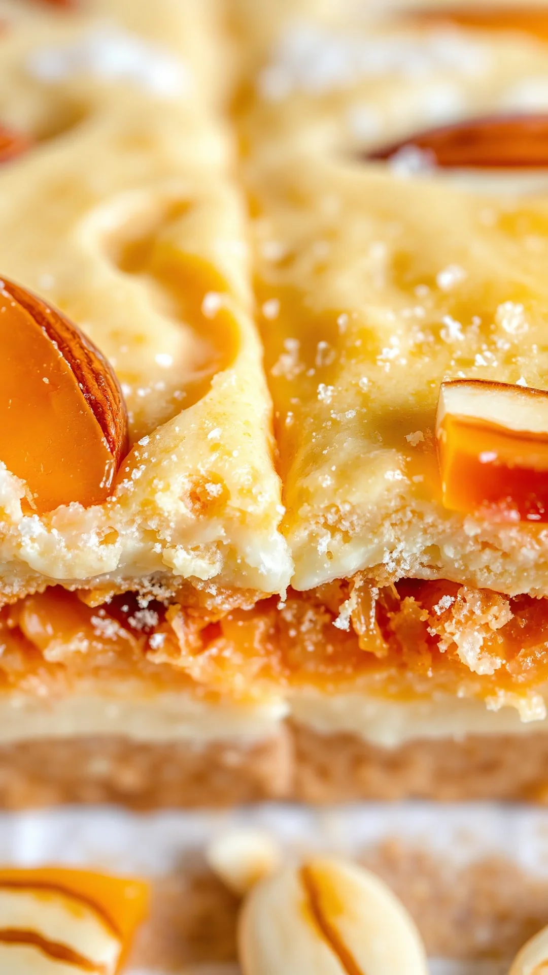 Close-up extreme detail of creamy apricot dessert square cross-section, layered texture, golden amber color, fresh apricot pi
