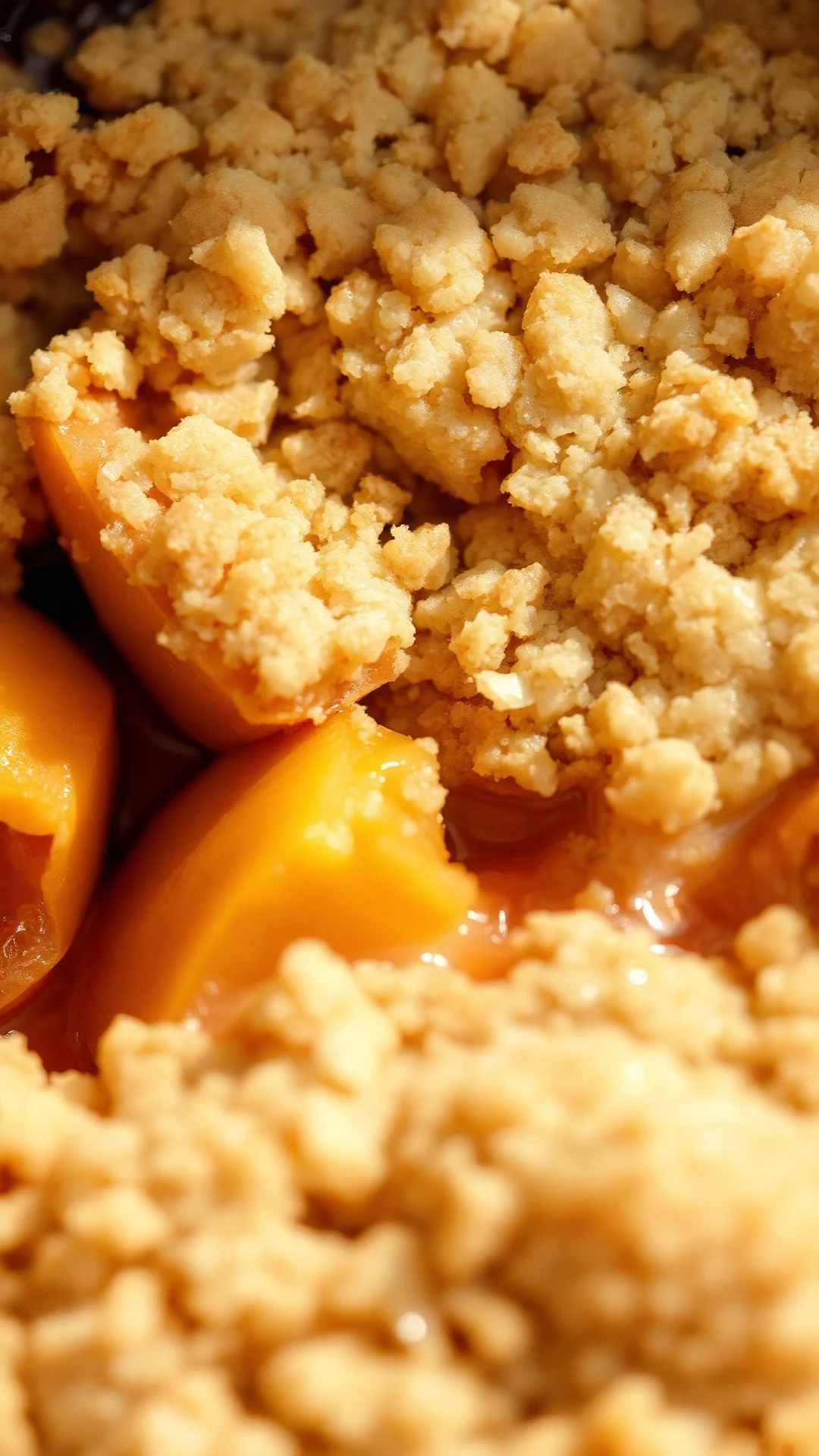 Close-up extreme overhead shot apricot crumble dessert, golden buttery crumb texture visible, fresh apricot halves underneath