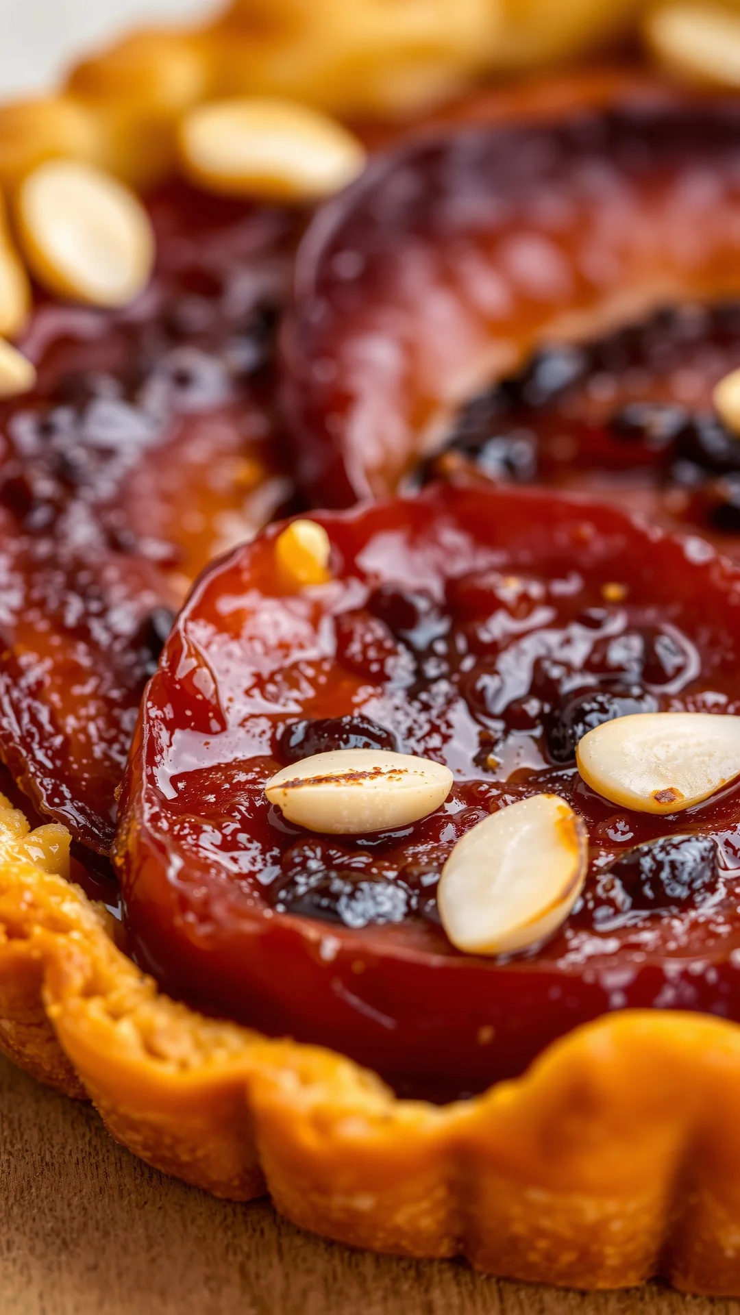 Close-up fresh plum tart slice showing caramelized prunes, crispy pastry layers, golden edges, topped with sliced almonds, ma