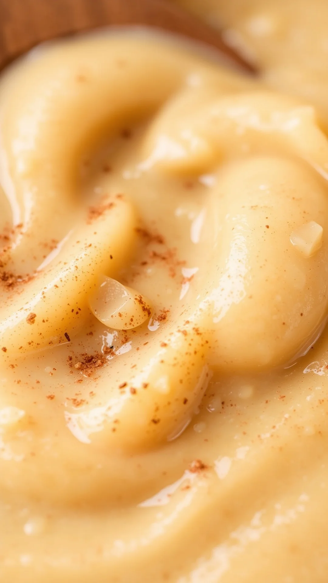 Close-up homemade applesauce texture, creamy smooth beige color, cinnamon sprinkled on top, natural daylight, appetizing macr