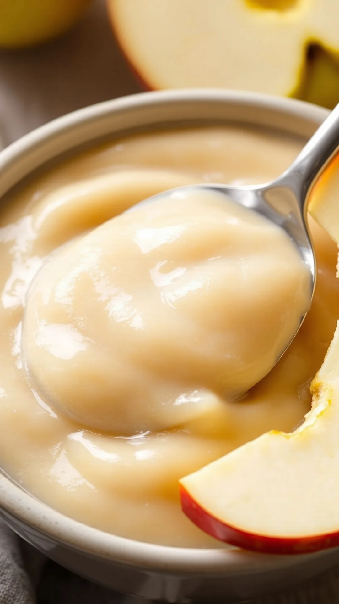 Close-up macro photograph of creamy smooth light applesauce texture with spoon, fresh apple slices on side, soft natural dayl