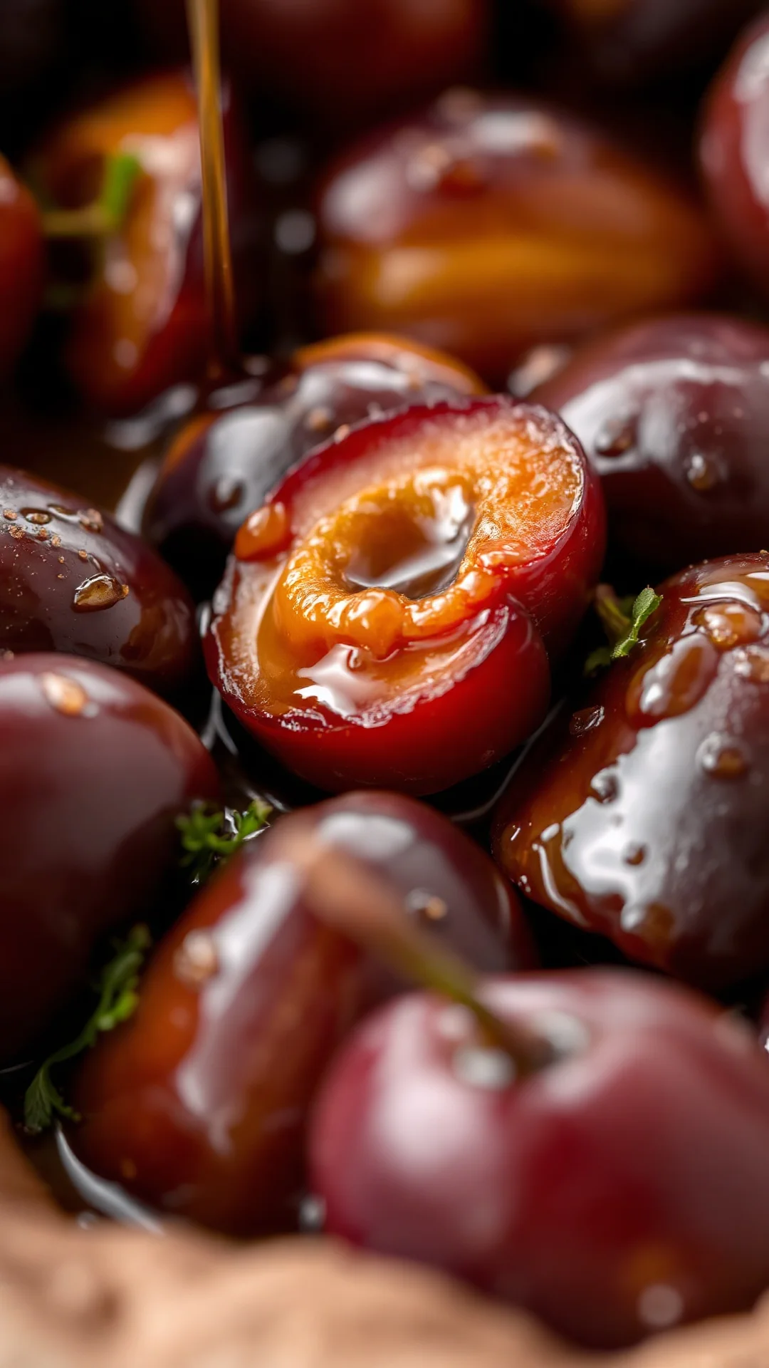 Close-up macro photography of caramelized plums glistening with syrup, cinnamon dusted crust edge visible, golden light, deta