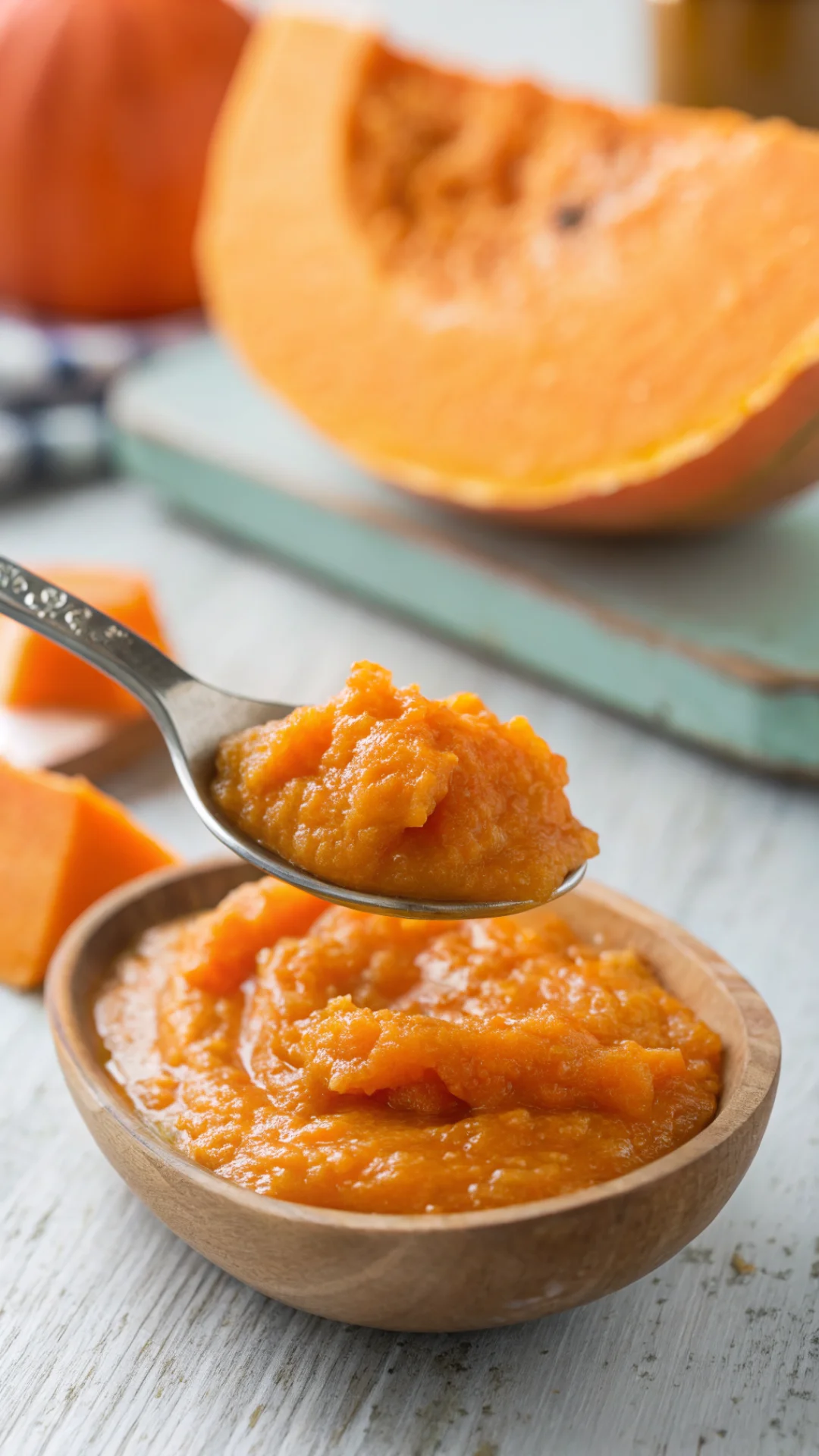 Close-up macro shot creamy smooth potimarron baby puree spoon, warm orange color, blurred pumpkin in background, daylight stu