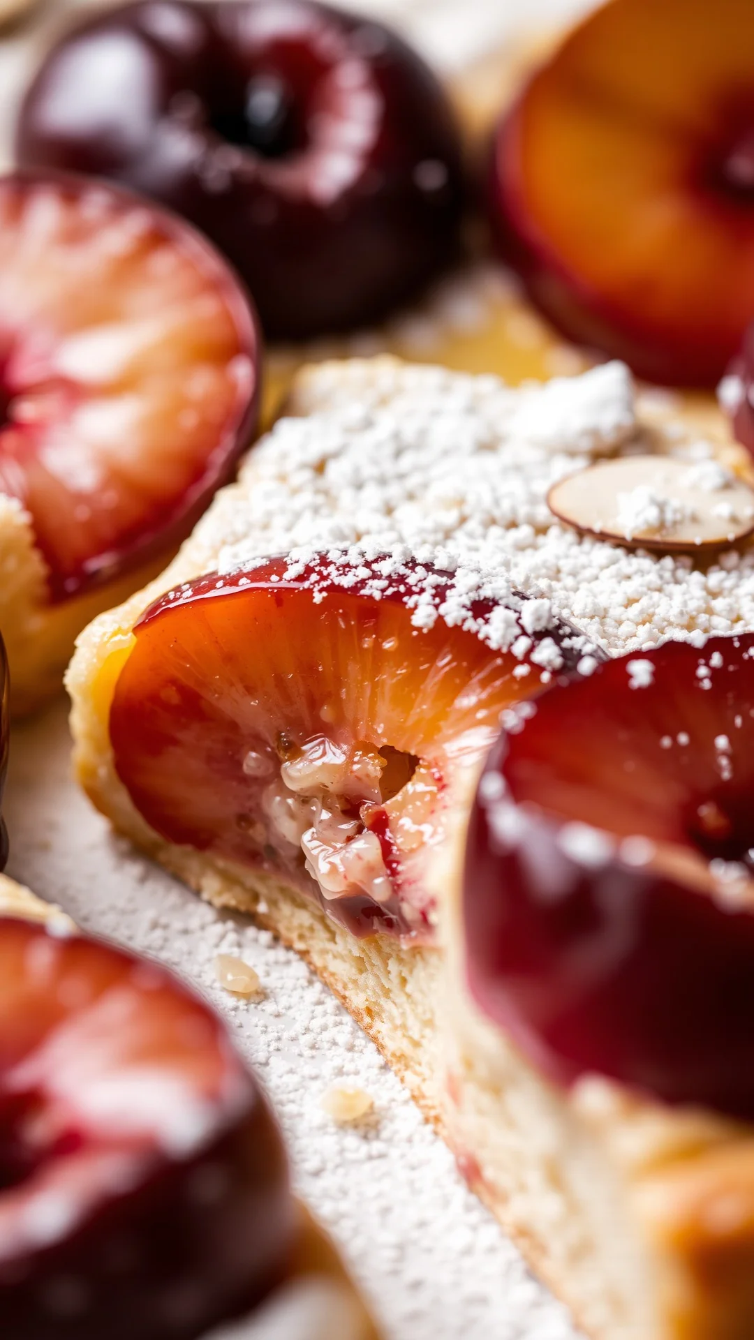 Close-up macro shot of almond plum tart slice, creamy texture, juicy plums, golden pastry crust, garnished with powdered suga