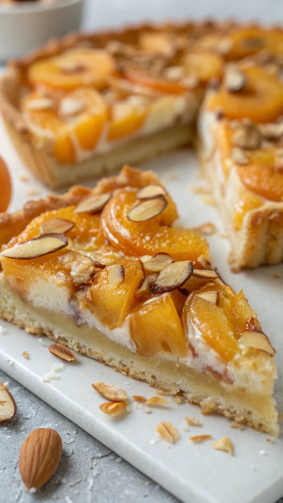 Close-up macro shot of apricot tart slice showing flaky pastry crust, juicy apricots, creamy filling, almonds and honey, gold