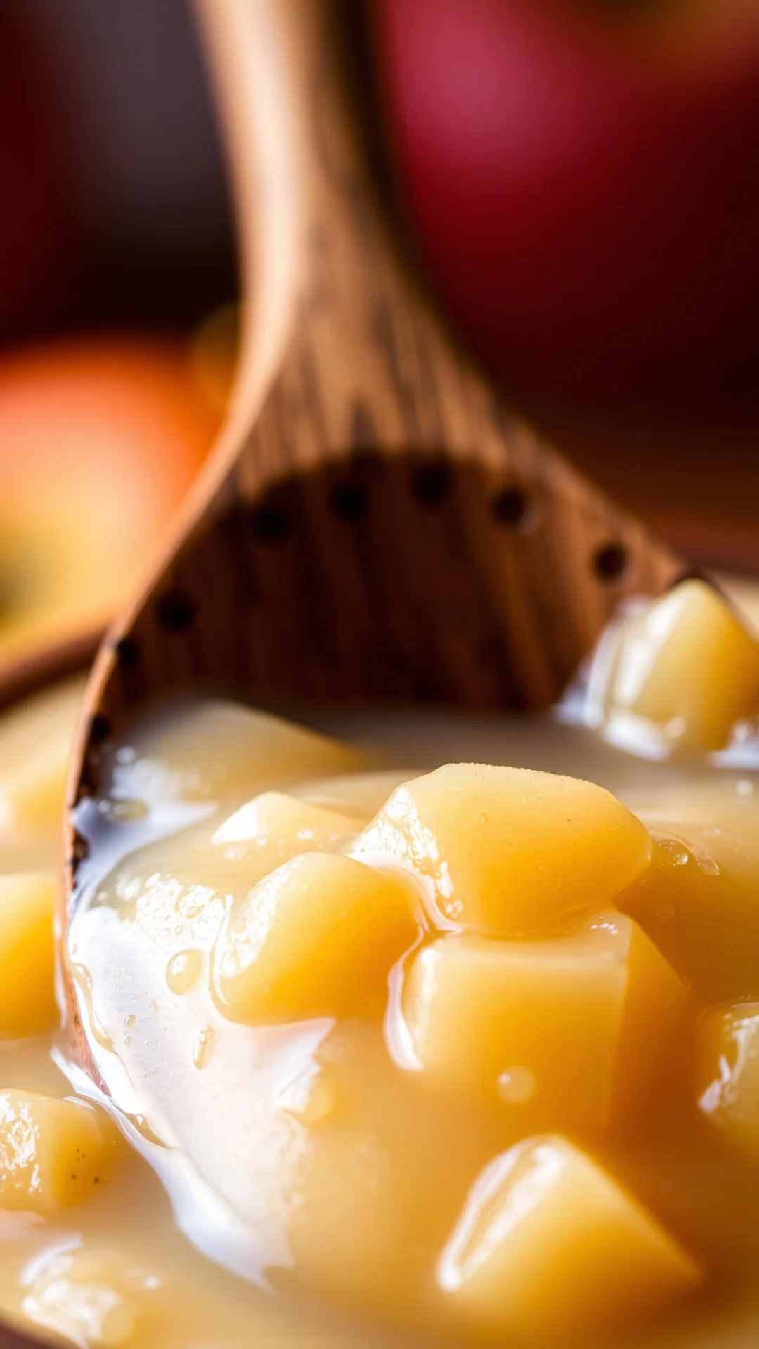 Close-up macro shot of creamy apple compote with soft chunks, rustic wooden spoon partially submerged, warm golden lighting,