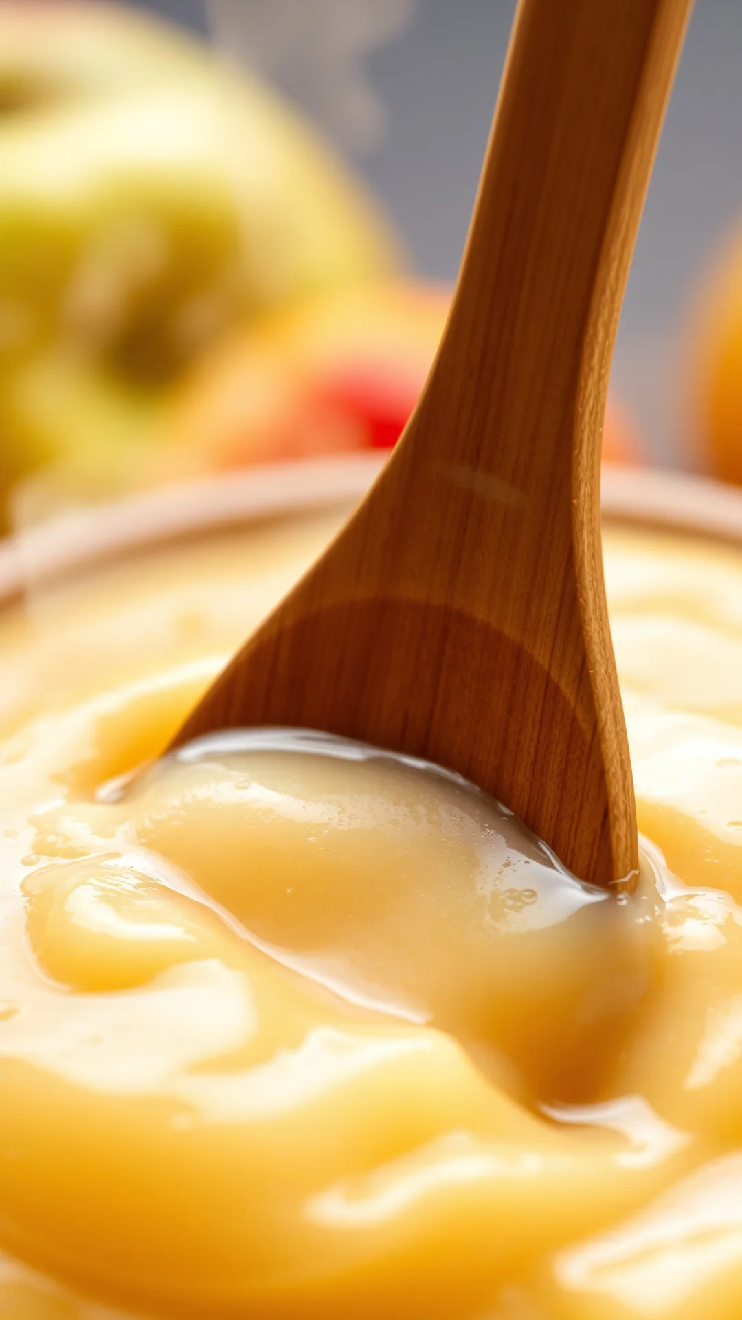 Close-up macro shot of creamy applesauce being stirred with a wooden spoon, smooth texture detail, golden color, steam visibl