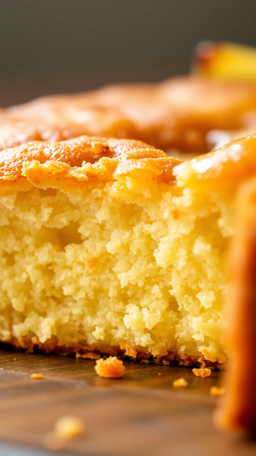 Close-up macro shot of fluffy apple compote cake cross section, moist crumb texture visible, golden interior, soft natural li
