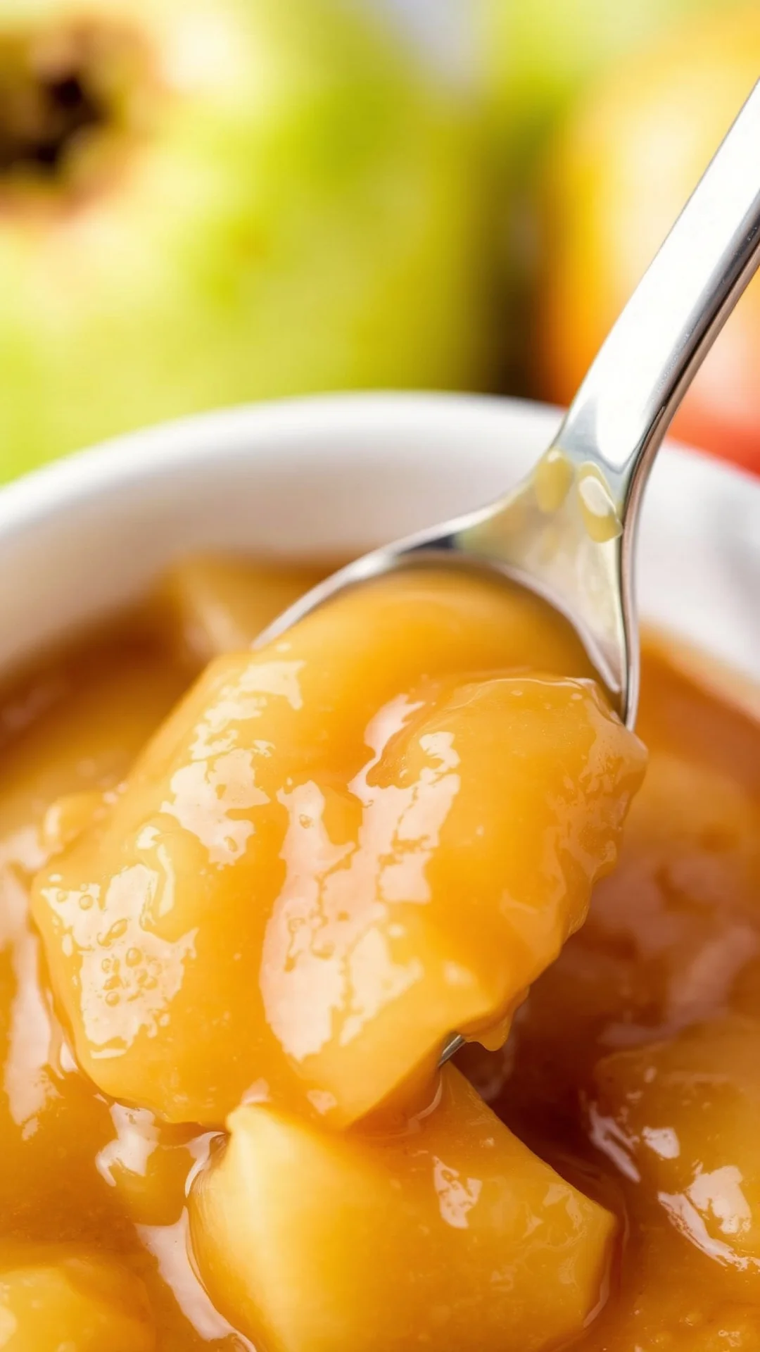 Close-up macro shot of fresh apple compote texture in white bowl, golden caramel color, creamy smooth consistency, spoon dipp