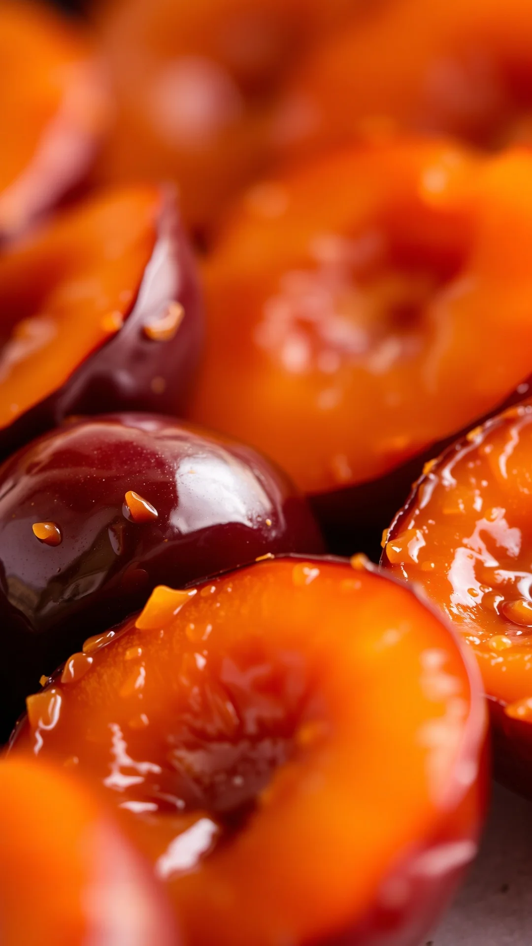 Close-up macro shot of fresh caramelized plum halves with glossy caramel coating, studio lighting, shallow depth of field, fo