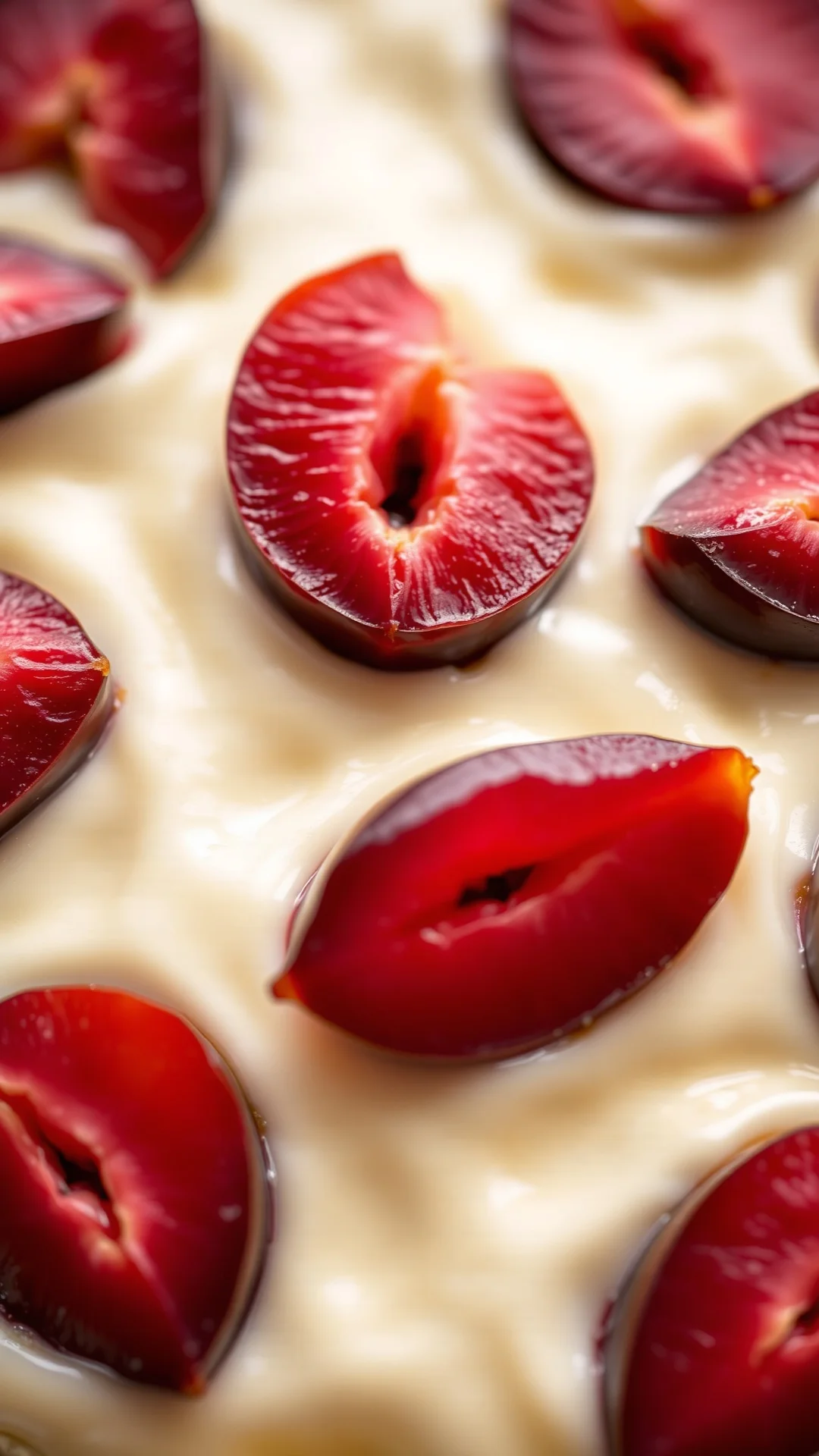 Close-up macro shot of fresh plum halves on creamy vanilla pastry cream, vibrant purple plums, golden caramelized edges, fine