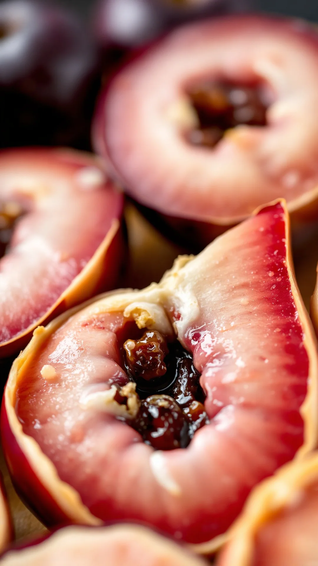 Close-up macro shot of fresh ripe purple plums cut in half, glistening cream filling, golden pastry crust visible, profession