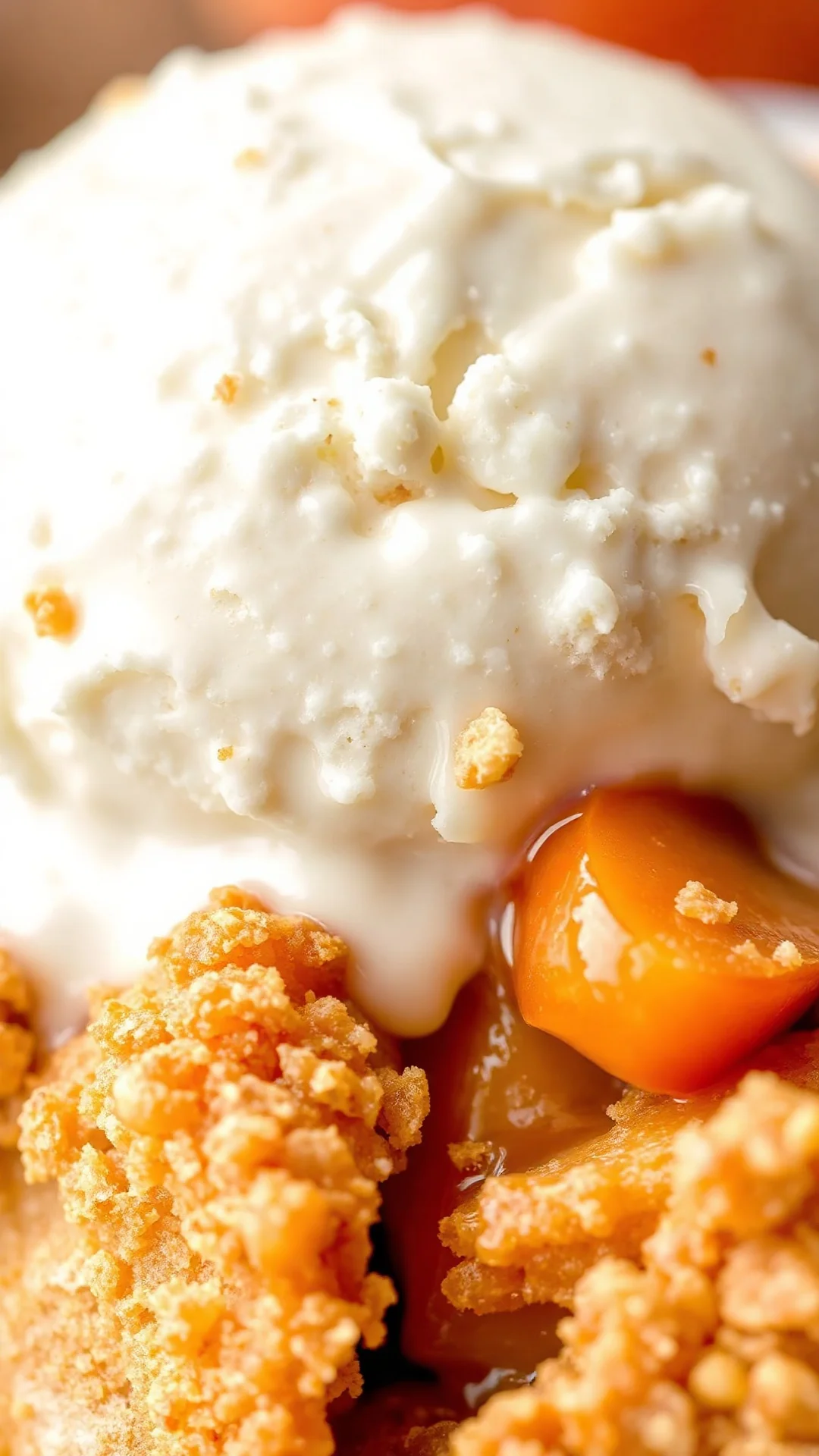 Close-up macro shot of golden brown crumble topping with melting vanilla ice cream, fresh apricot and apple fruit visible, wa