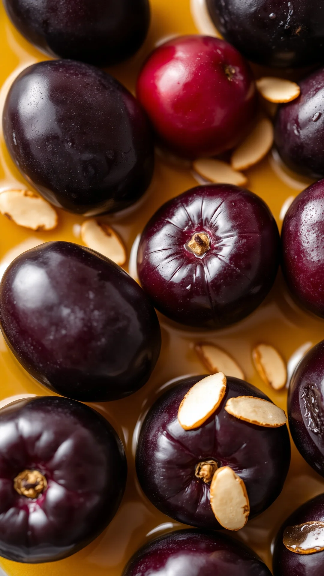 Close-up macro shot of juicy dark purple plums arranged on honey glaze with toasted almond slivers, fresh food photography, g