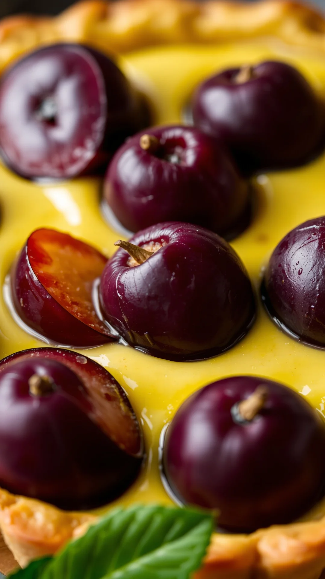 Close-up macro shot of juicy purple plums in creamy custard tart filling, flaky golden pastry crust visible, natural soft day