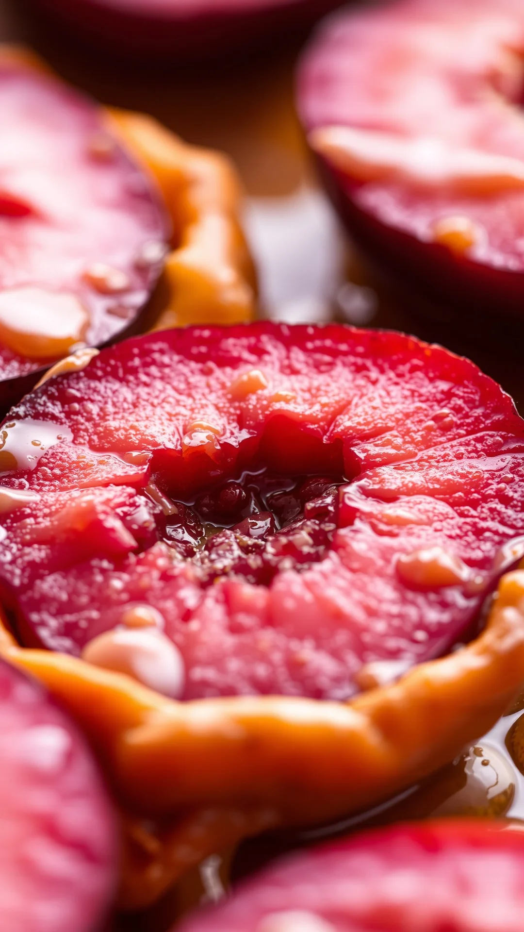 Close-up macro shot of juicy red plum halves on golden pastry crust with caramelized edges and honey glaze, warm lighting, go