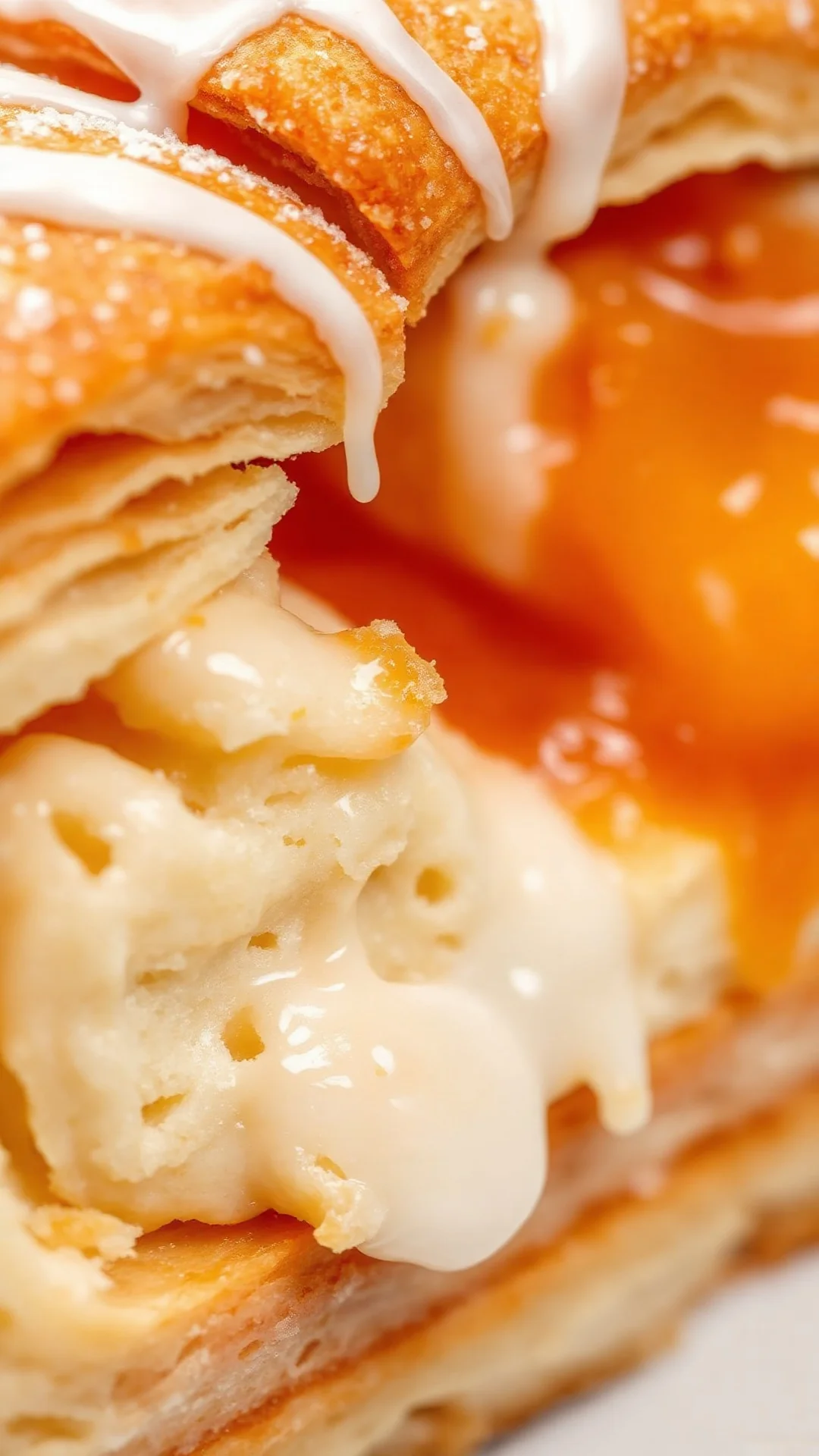 Close-up macro shot of Oranais apricot pastry cross-section, flaky layers, orange jam filling, white sugar glaze dripping, pr