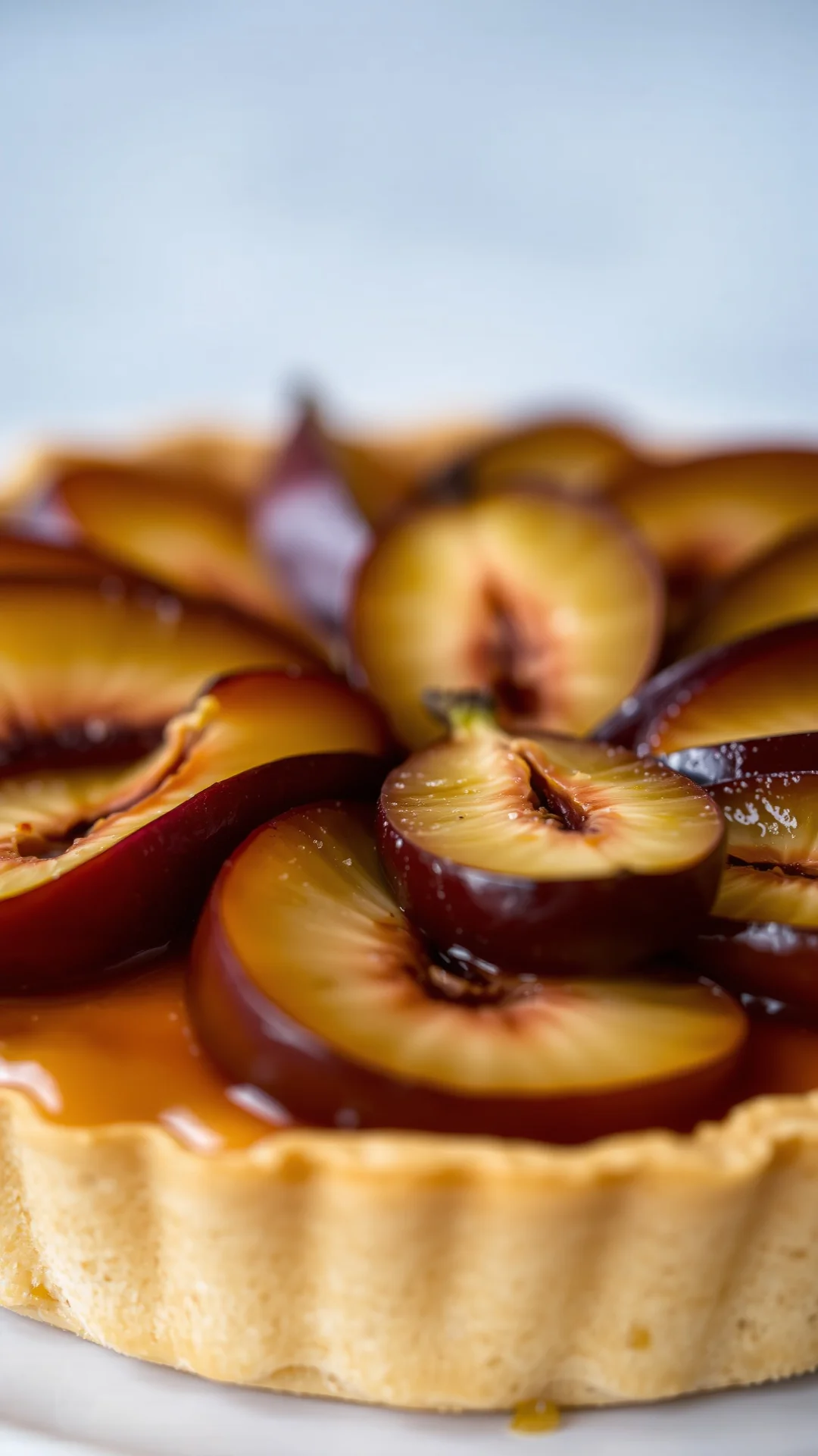 Close-up macro shot of Reine Claude plum tart, fresh green plums sliced in half on creamy pastry cream filling, professional