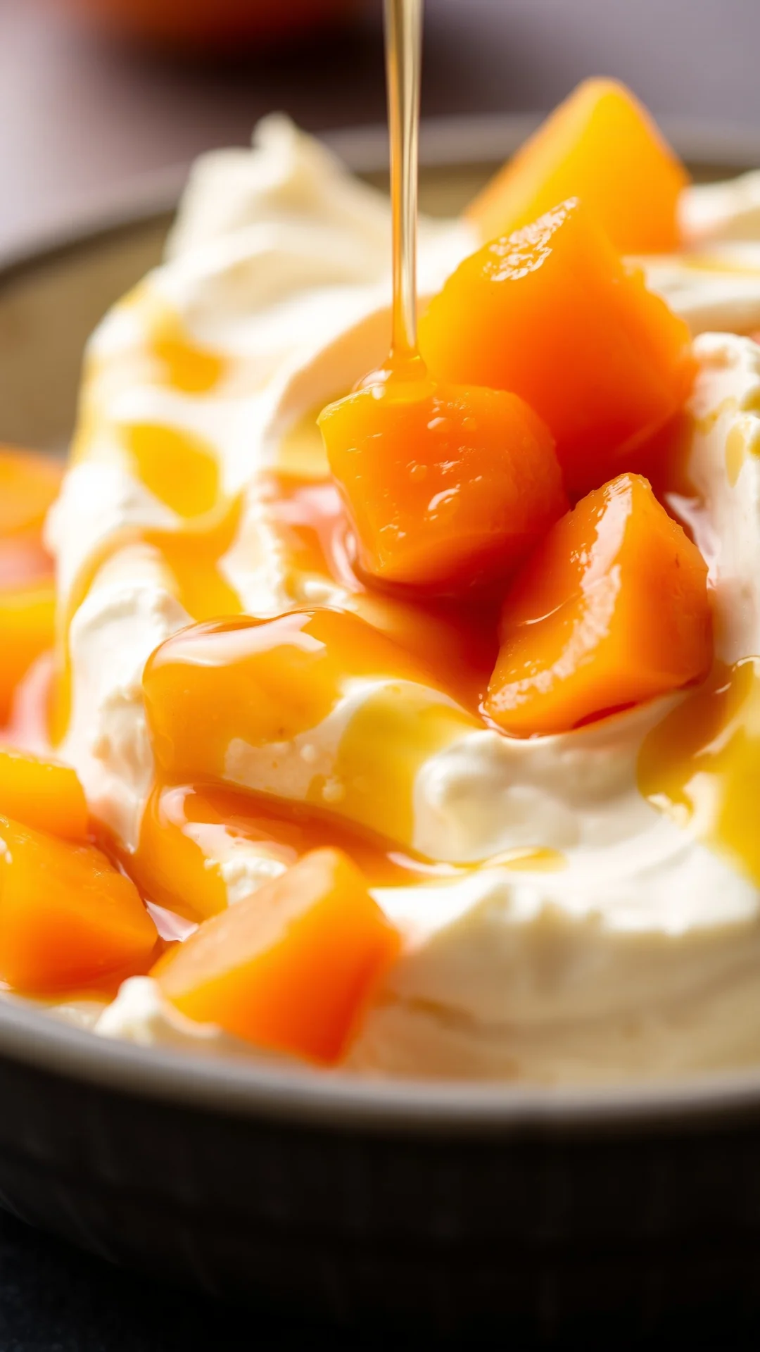 Close-up macro shot of rich creamy apricot mascarpone spread with golden honey drizzle and fresh diced apricots, luxurious go