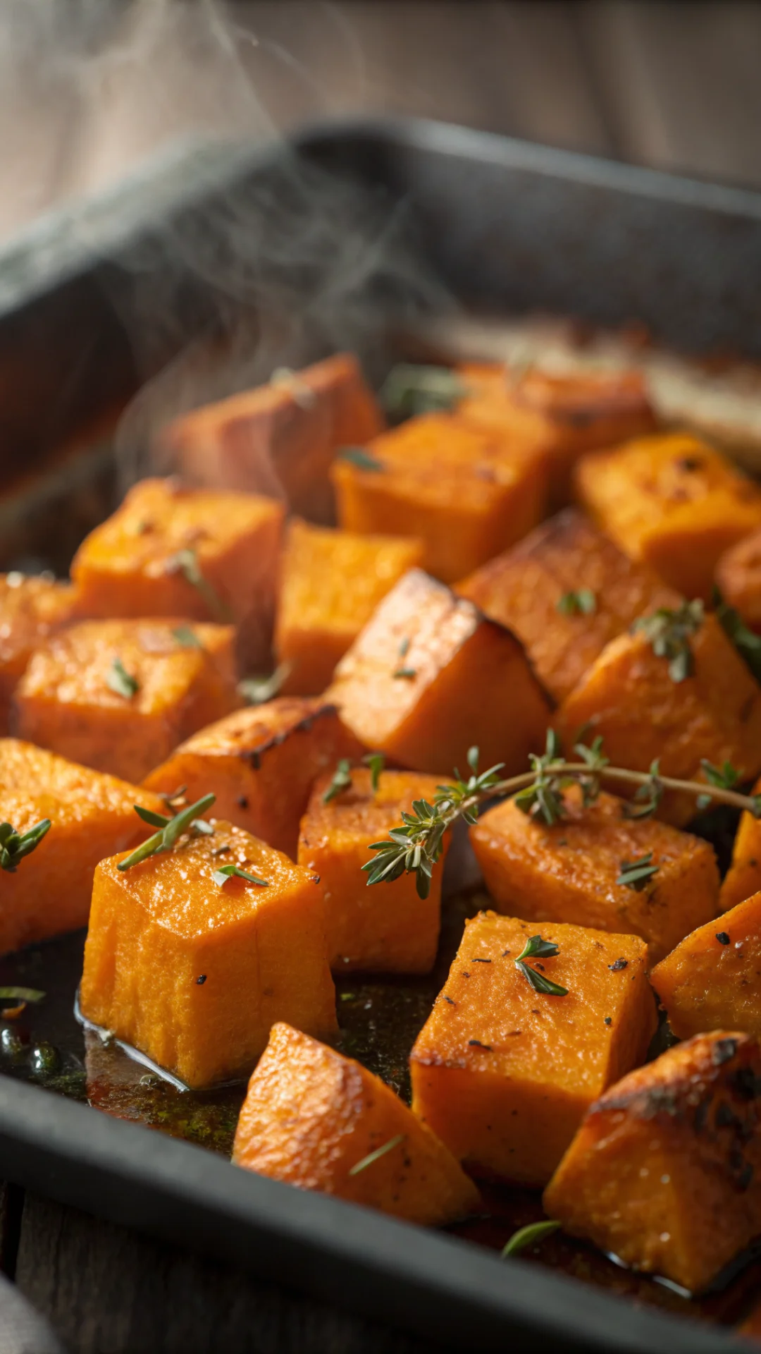 Close-up macro shot of roasted potimarron cubes with herbs, caramelized golden surface, steam rising, shallow depth of field,