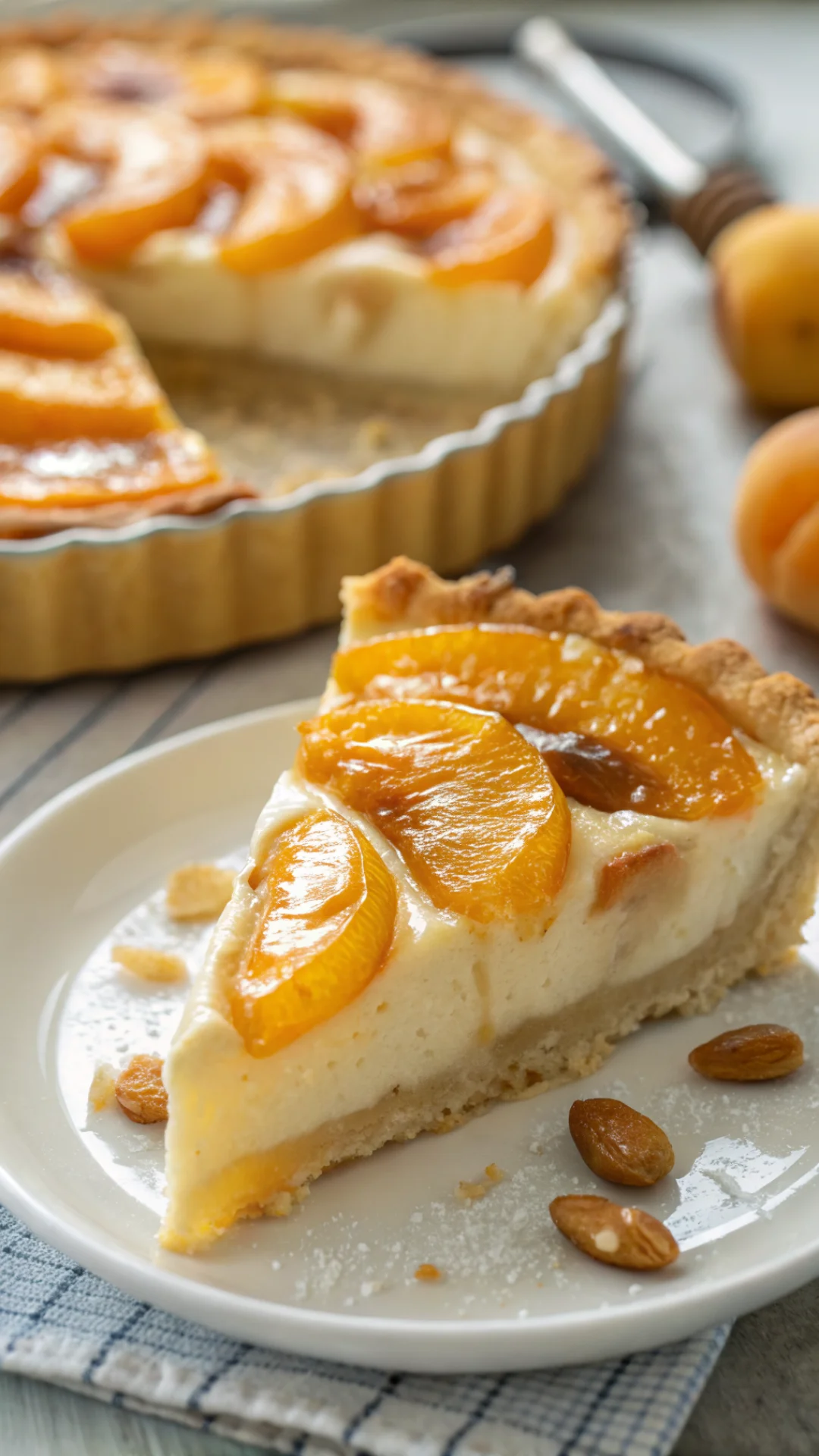 Close-up macro shot of slice of almond apricot tart, creamy texture, fresh apricot halves, glossy honey glaze, elegant platin