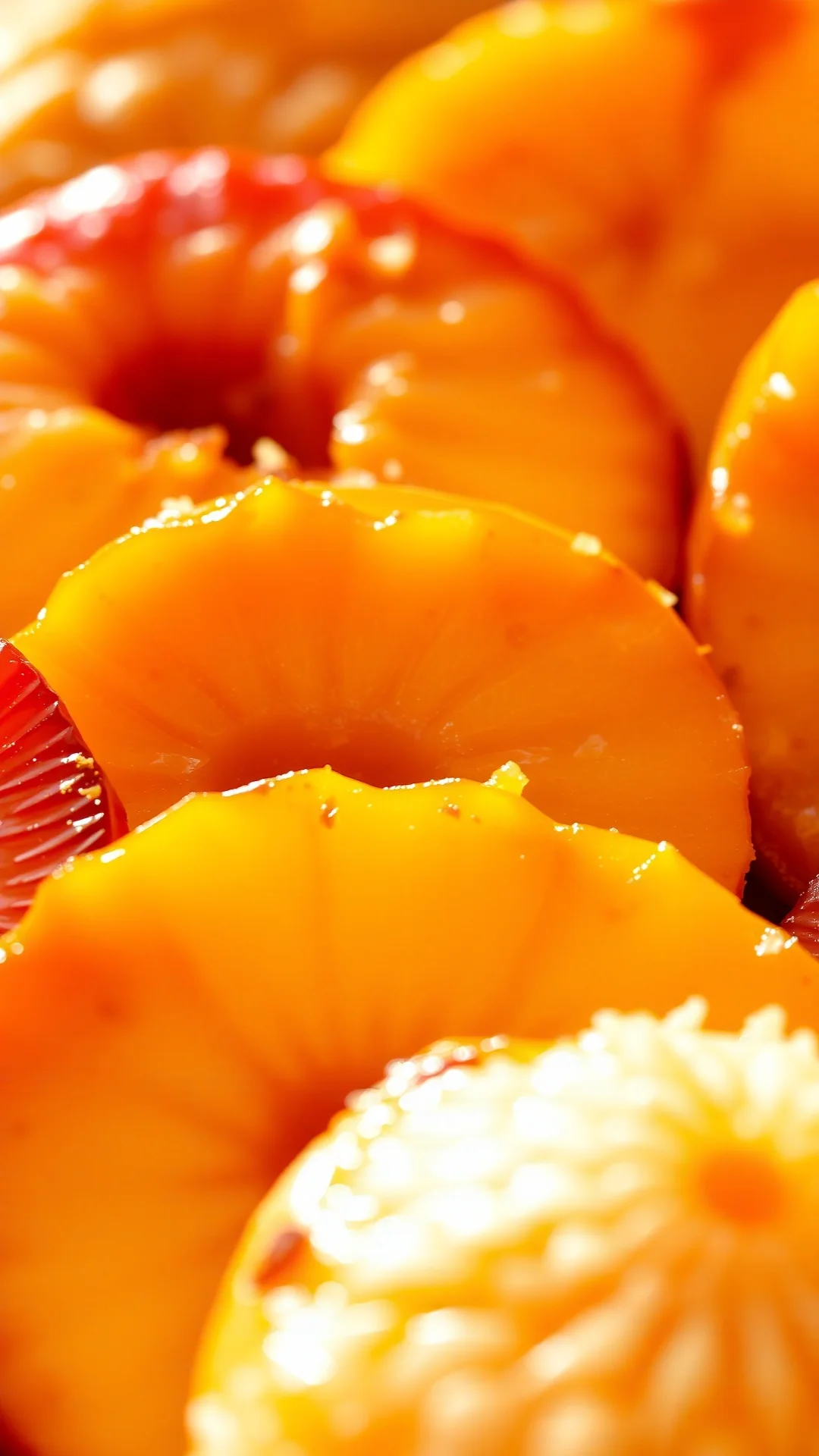 Close-up macro shot of sliced apricot and nectarine fruit tart, showing juicy caramelized fruits and buttery pastry texture i