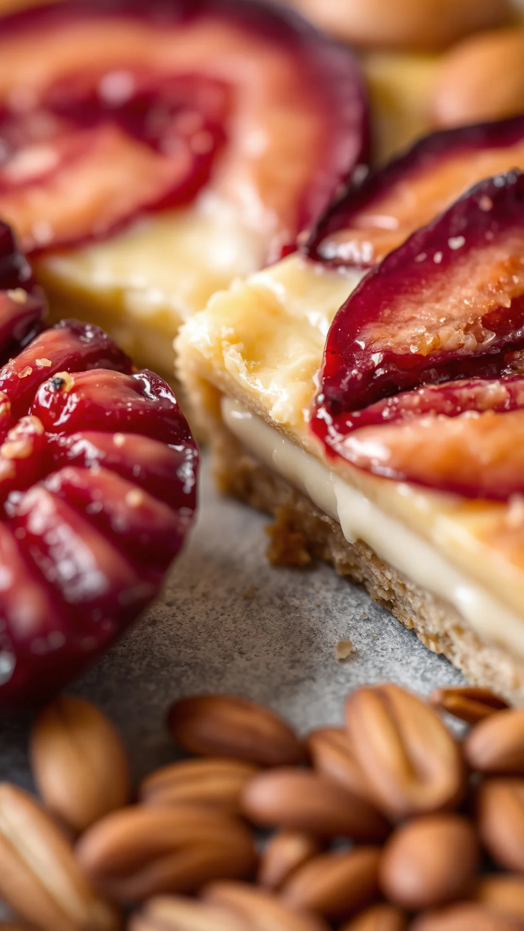 Close-up macro shot sliced plum almond tart, creamy filling layer, crispy golden pastry crust, roasted almonds texture, fresh