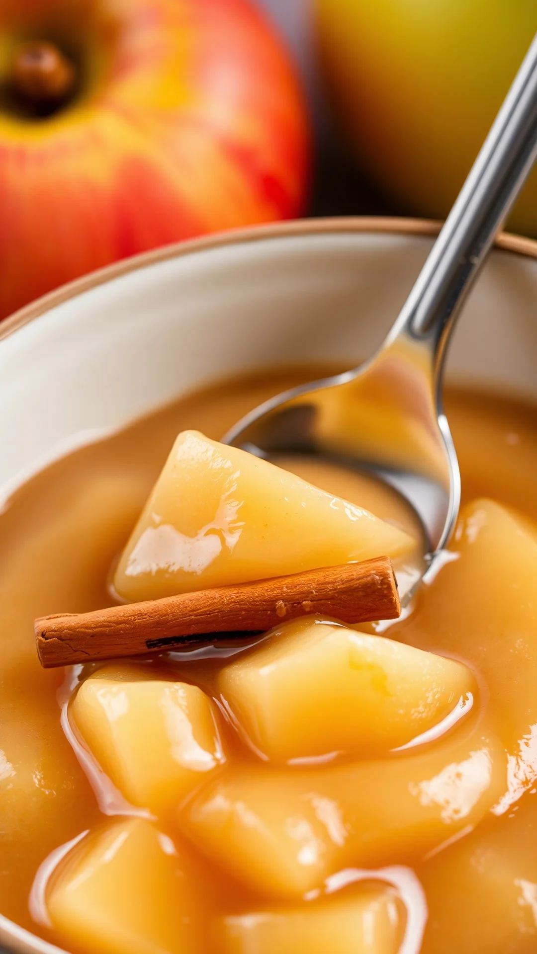 Close-up of creamy apple cinnamon compote in ceramic bowl, cinnamon stick garnish, smooth texture, warm golden brown color, a