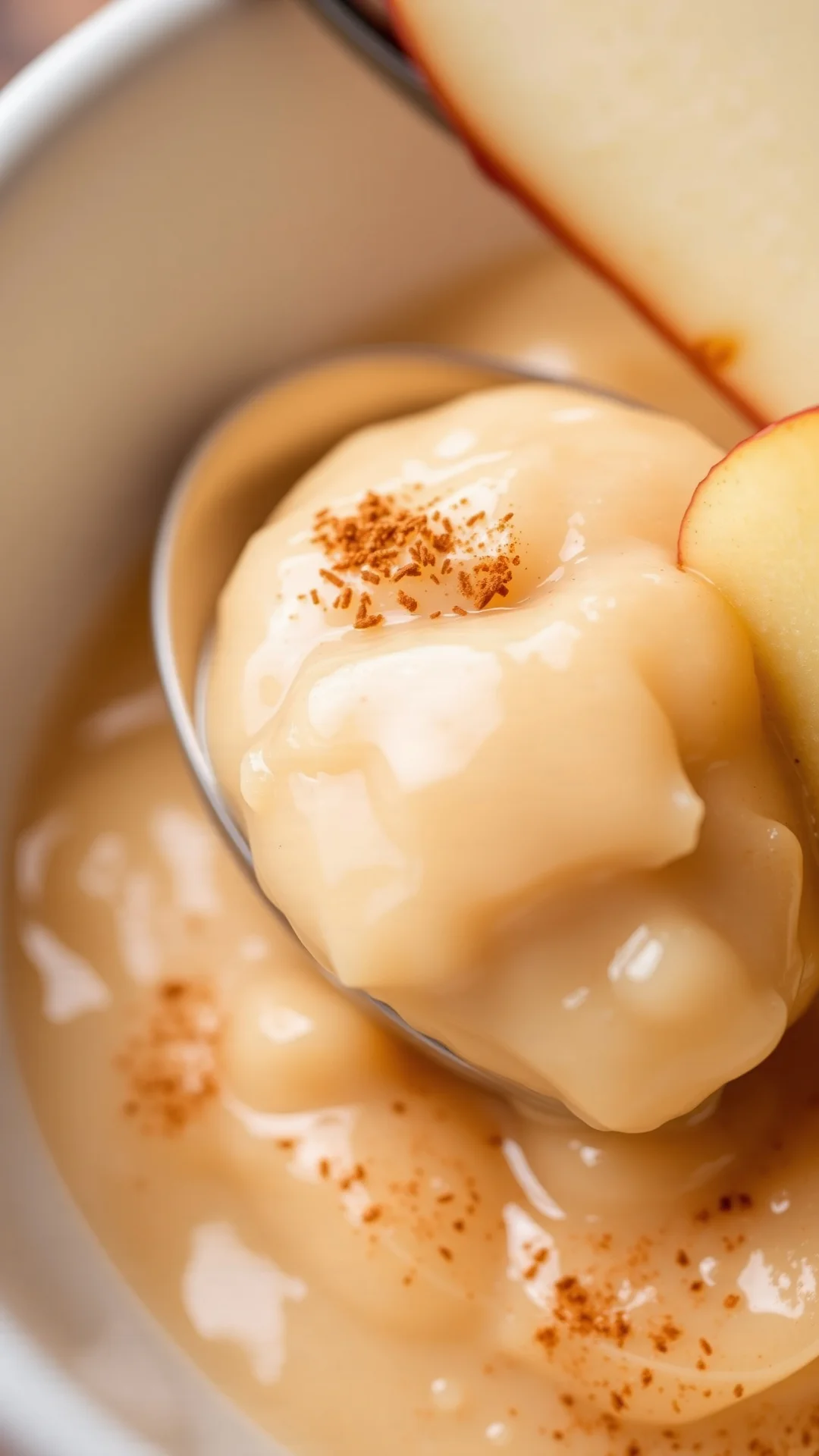 Close-up of creamy apple compote in white bowl, spoon, fresh apple slice, cinnamon powder, soft natural lighting, food stylin